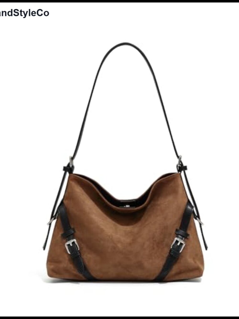 Brown Suede Hobo Shoulder Bag with Buckle Detail & Leather Strap